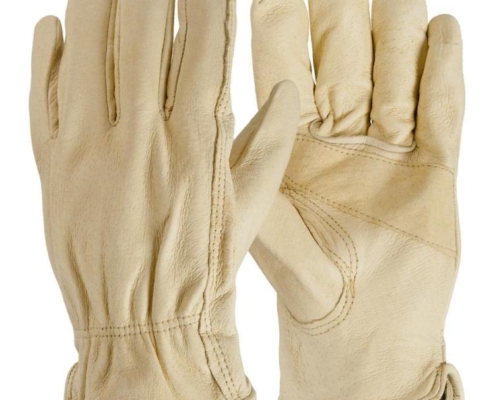 Photo of tan leather gardening gloves.