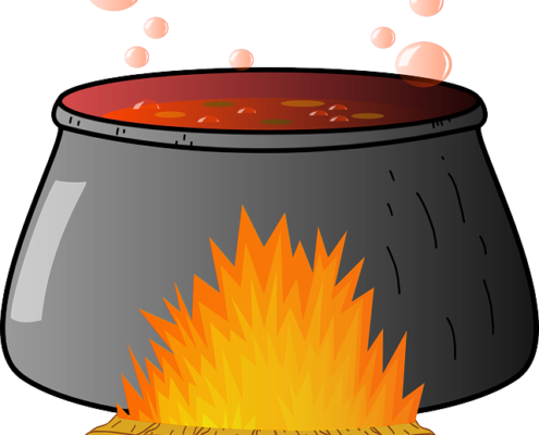 Image of a cauldron of bubbling soup over a fire.