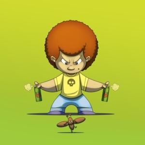 Cartoon of a person armed with cans of pesticide spray.